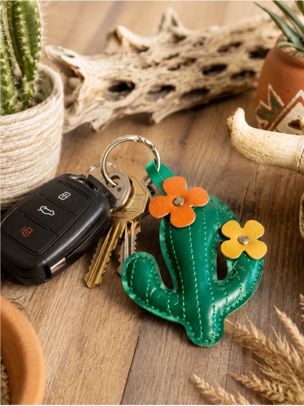 Green Cactus Faux Leather Bag Charm Keychain Orange Yellow Flowers